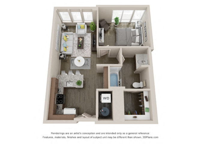 Floor plan for 1 bed, 1 bath, 692 sqft